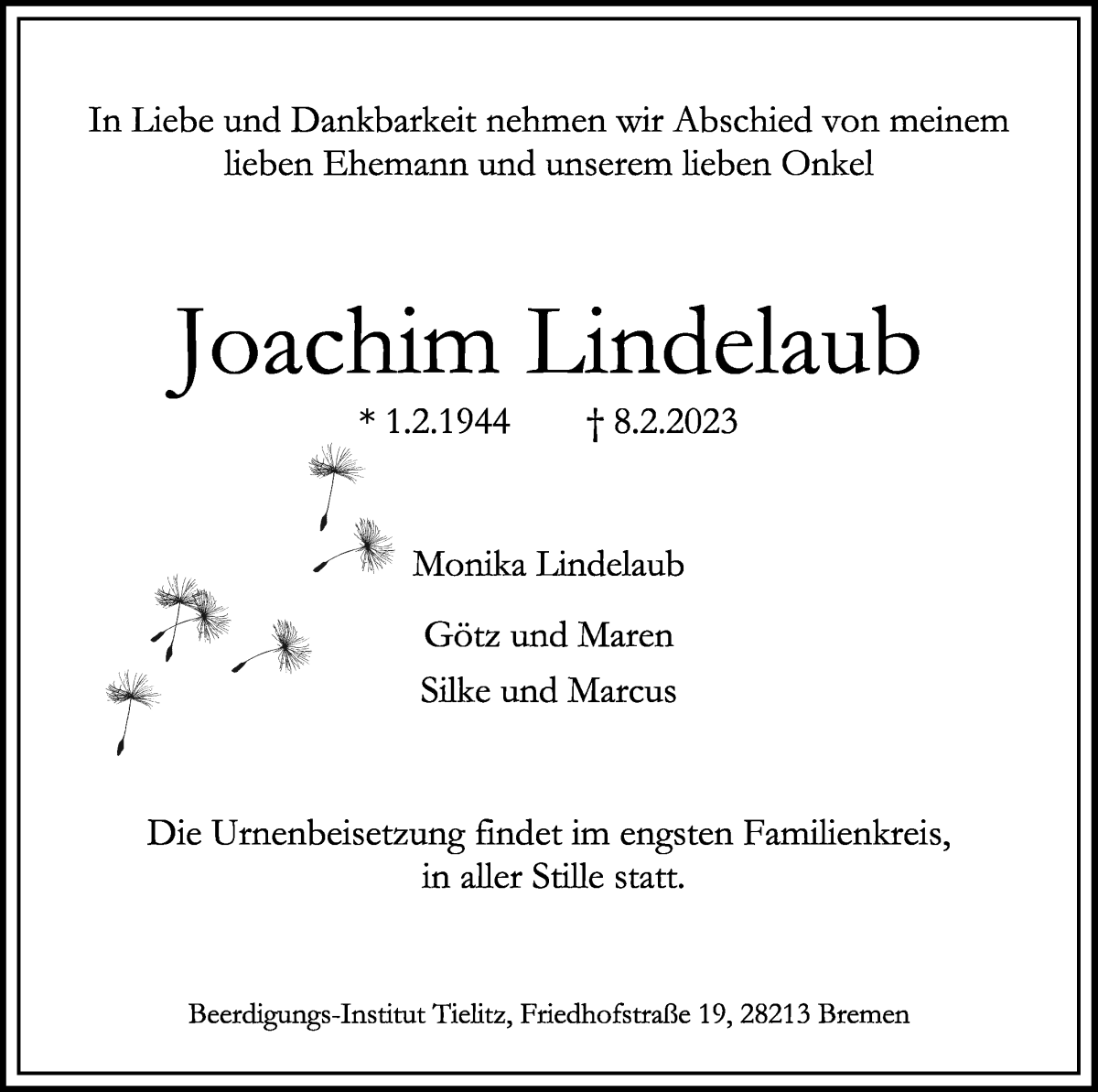 Traueranzeige von Joachim Lindelaub von WESER-KURIER