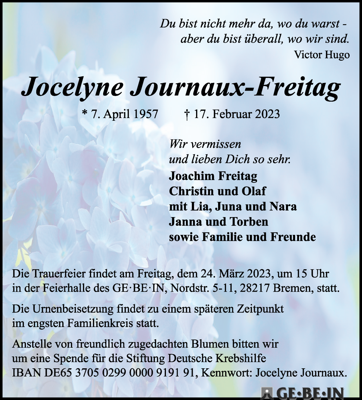 Traueranzeige von Jocelyne Journaux-Freitag von WESER-KURIER