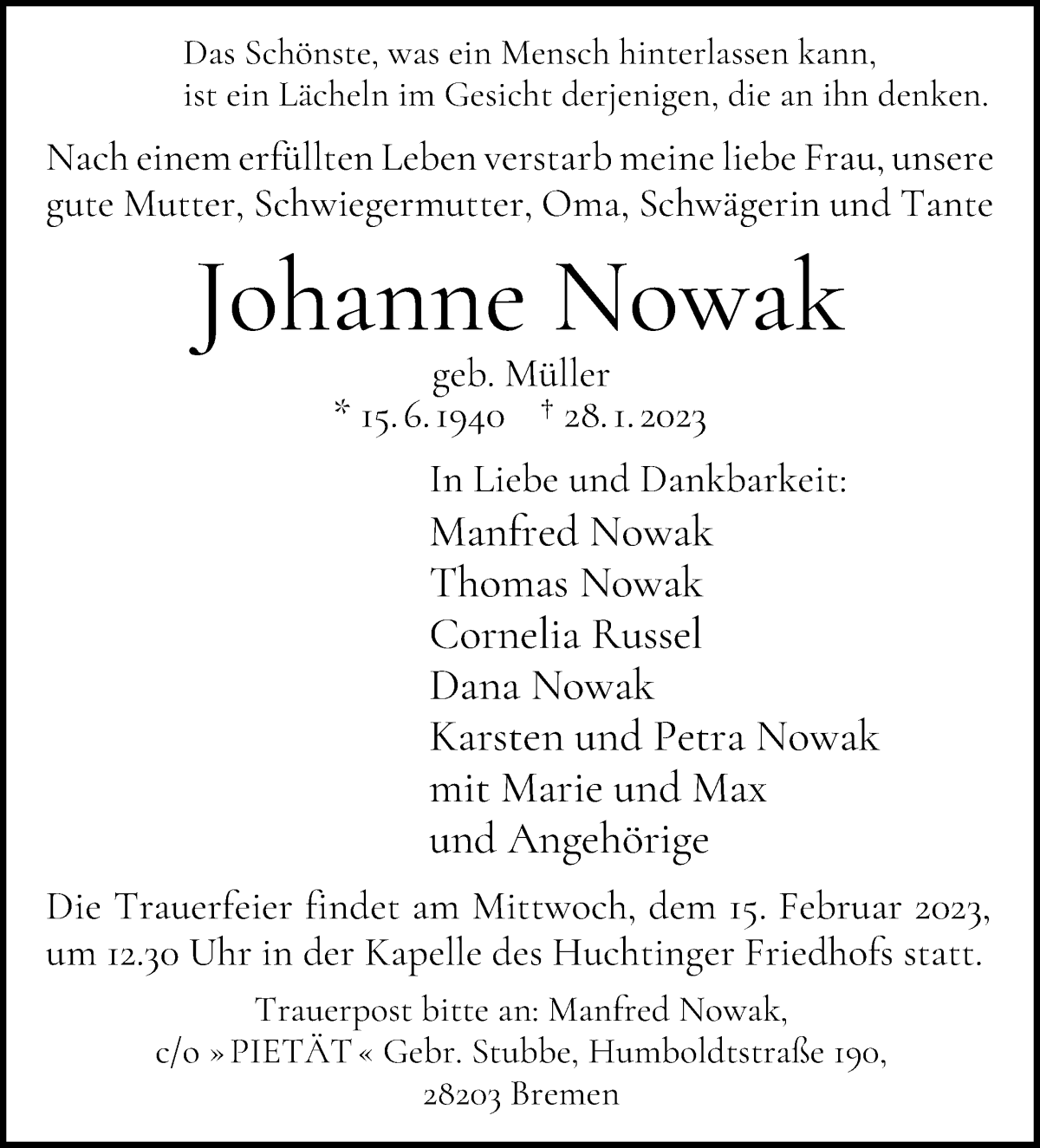 Traueranzeige von Johanne Nowak von WESER-KURIER