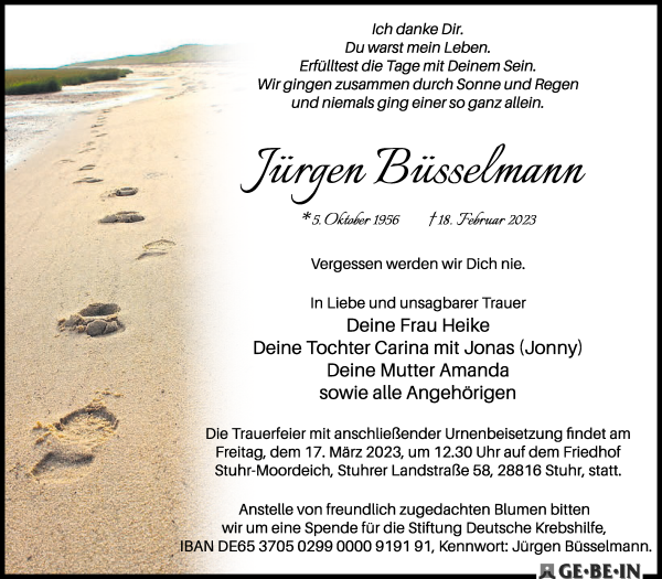 Traueranzeige von Jürgen Büsselmann von WESER-KURIER