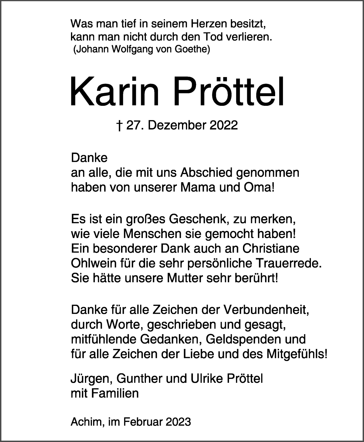 Traueranzeige von Karin Pröttel von Achimer Kurier/Verdener Nachrichten