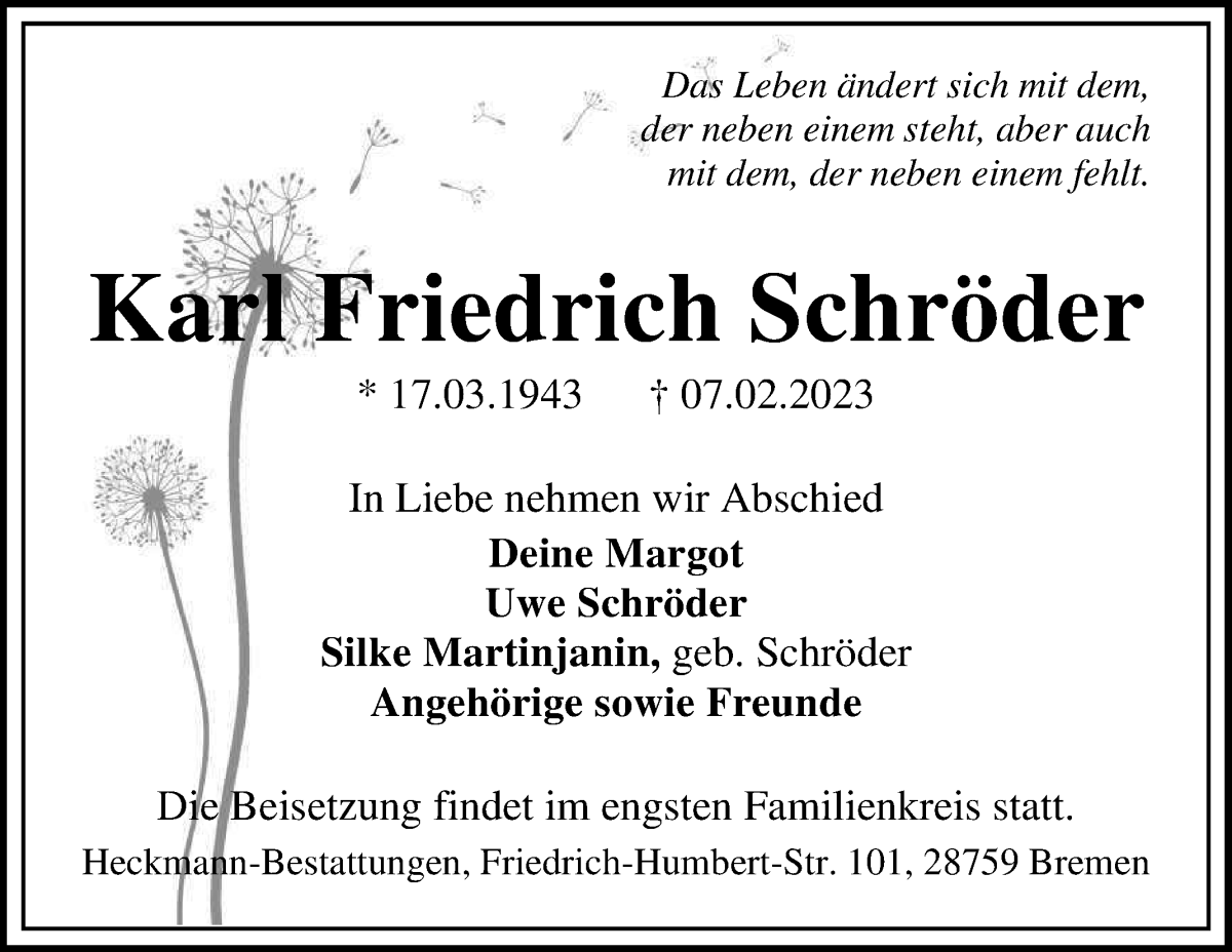 Traueranzeige von Karl Friedrich Schröder von WESER-KURIER