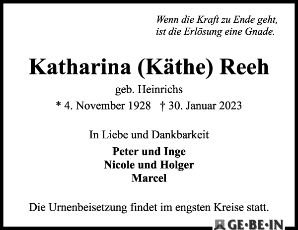 Traueranzeige von Katharina Reeh von WESER-KURIER