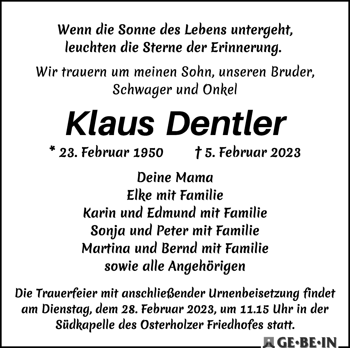 Traueranzeige von Klaus Dentler von WESER-KURIER