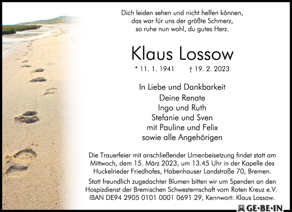 Traueranzeige von Klaus Lossow von WESER-KURIER