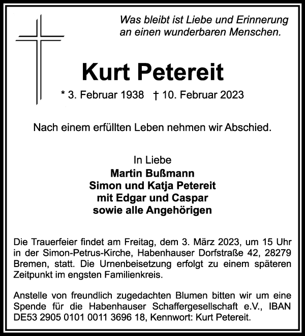 Traueranzeige von Kurt Petereit von WESER-KURIER