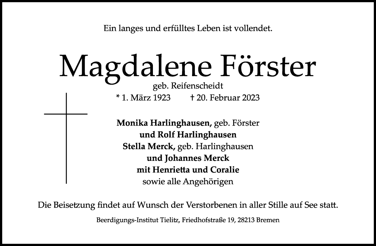 Traueranzeige von Magdalene Förster von WESER-KURIER