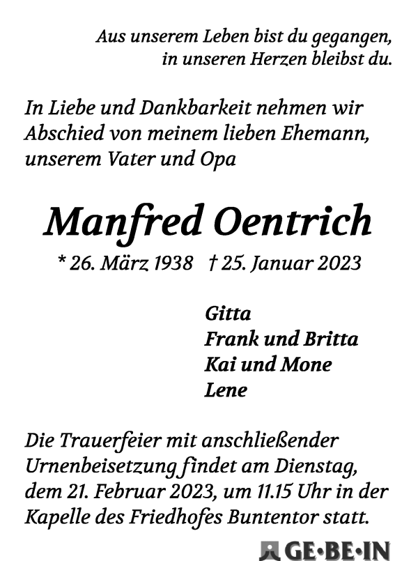 Traueranzeige von Manfred Oentrich von WESER-KURIER