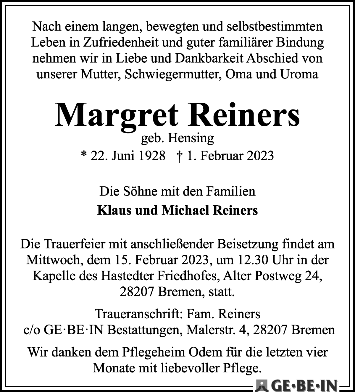 Traueranzeige von Margret Reiners von WESER-KURIER