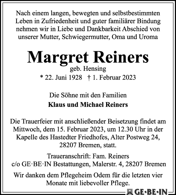 Traueranzeige von Margret Reiners von WESER-KURIER
