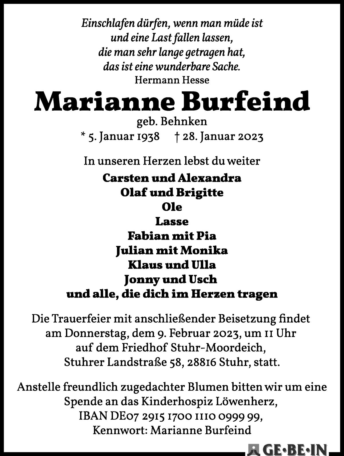 Traueranzeige von Marianne Burfeind von WESER-KURIER
