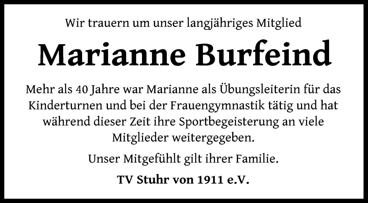 Traueranzeige von Marianne Burfeind von Regionale Rundschau/Syker Kurier