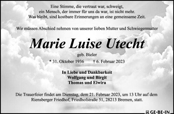 Traueranzeige von Marie Luise Utecht von WESER-KURIER