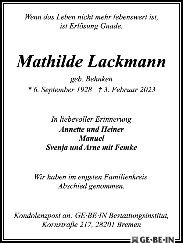 Traueranzeige von Mathilde Lackmann von WESER-KURIER