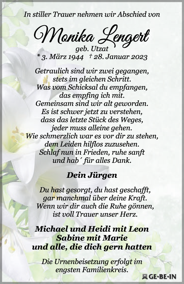 Traueranzeige von Monika Lengert von Die Norddeutsche