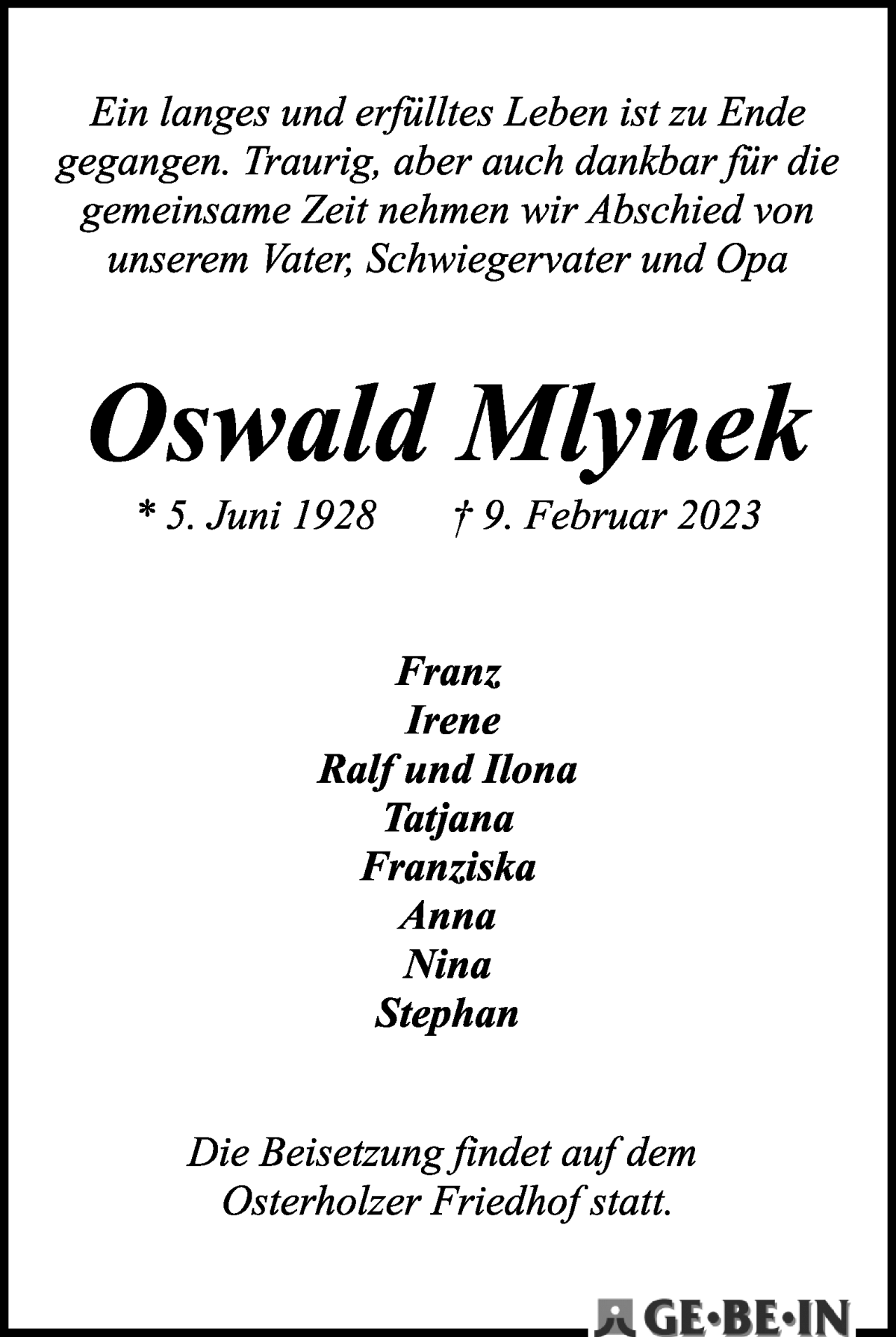 Traueranzeige von Oswald Mlynek von WESER-KURIER