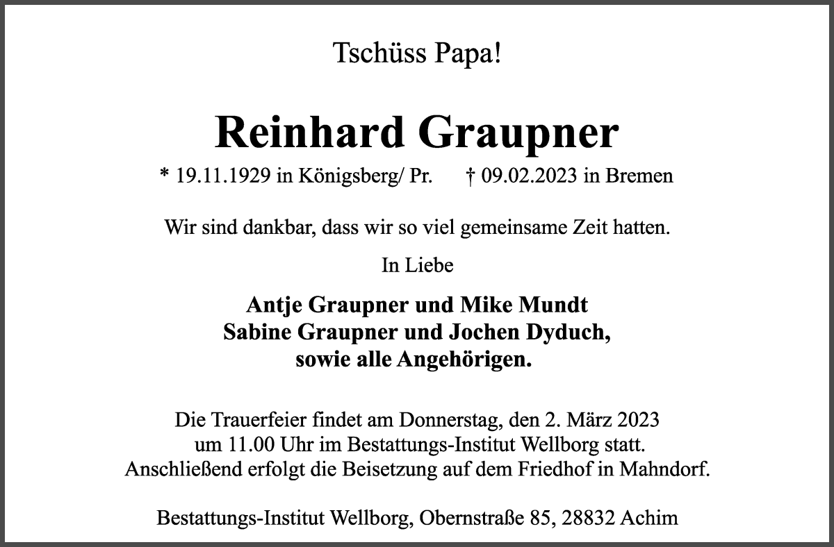 Traueranzeige von Reinhard Graupner von WESER-KURIER