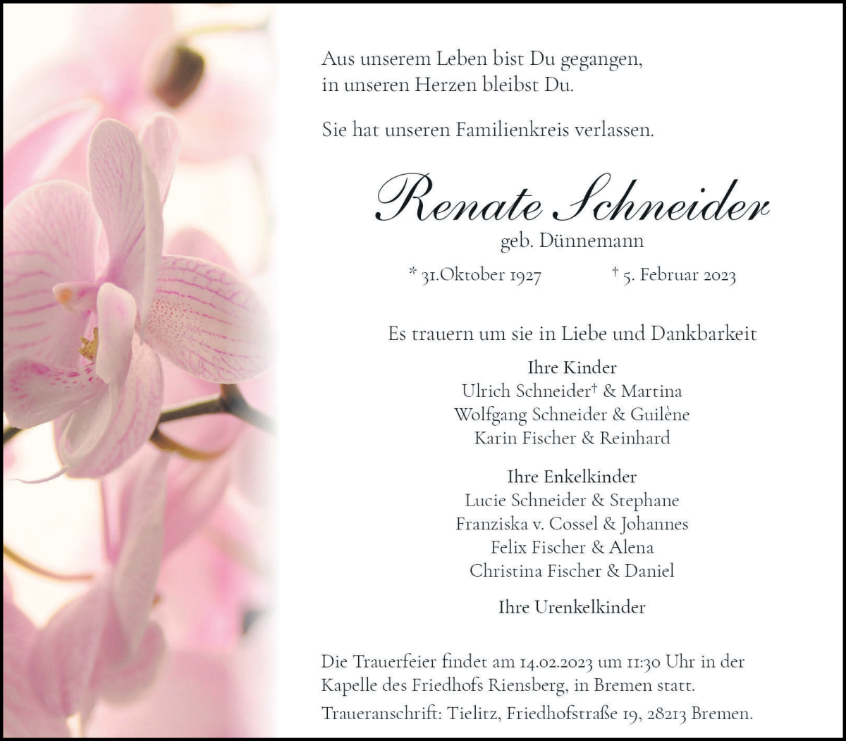 Traueranzeige von Renate Schneider von WESER-KURIER