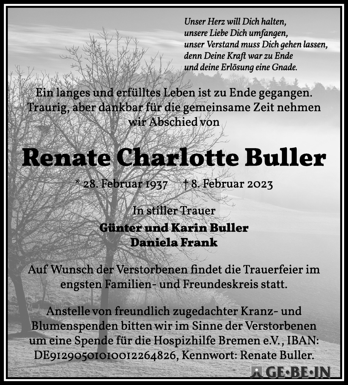 Traueranzeige von Renate Charlotte Buller von WESER-KURIER
