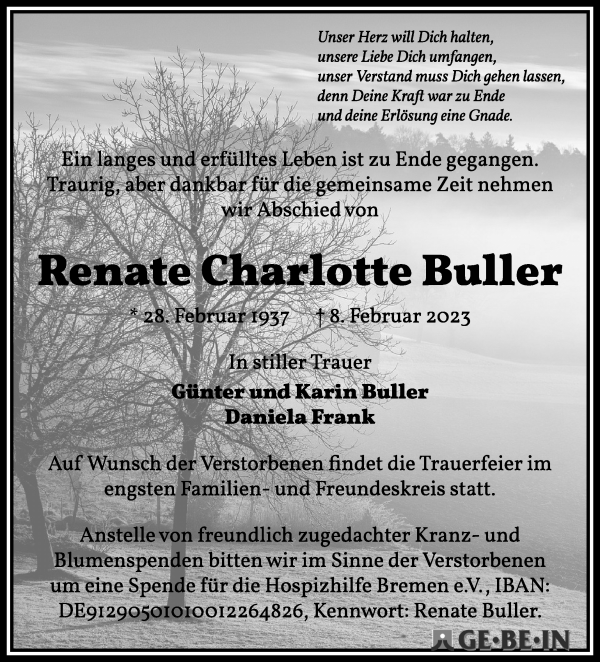 Traueranzeige von Renate Charlotte Buller von WESER-KURIER