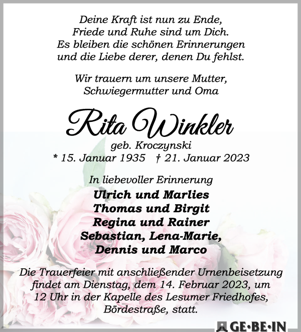 Traueranzeige von Rita Winkler von WESER-KURIER