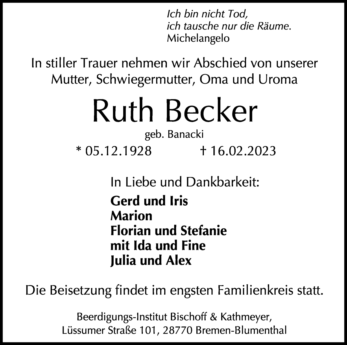 Traueranzeige von Ruth Becker von Die Norddeutsche