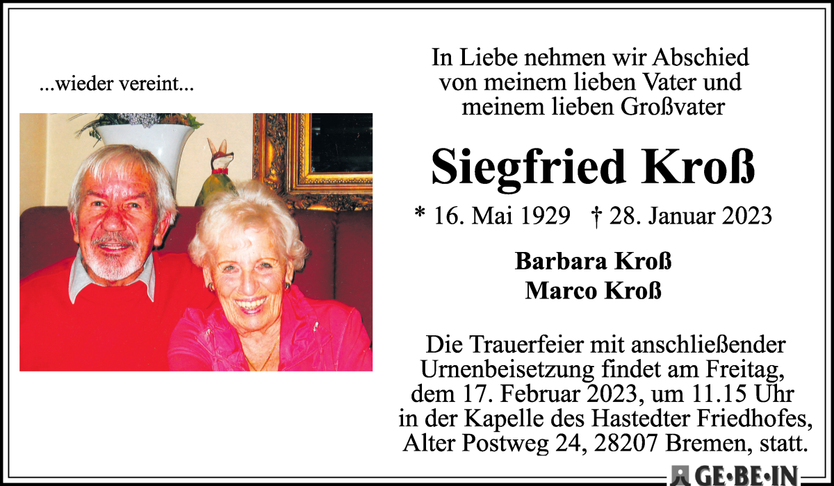 Traueranzeige von Siegfried Kroß von WESER-KURIER