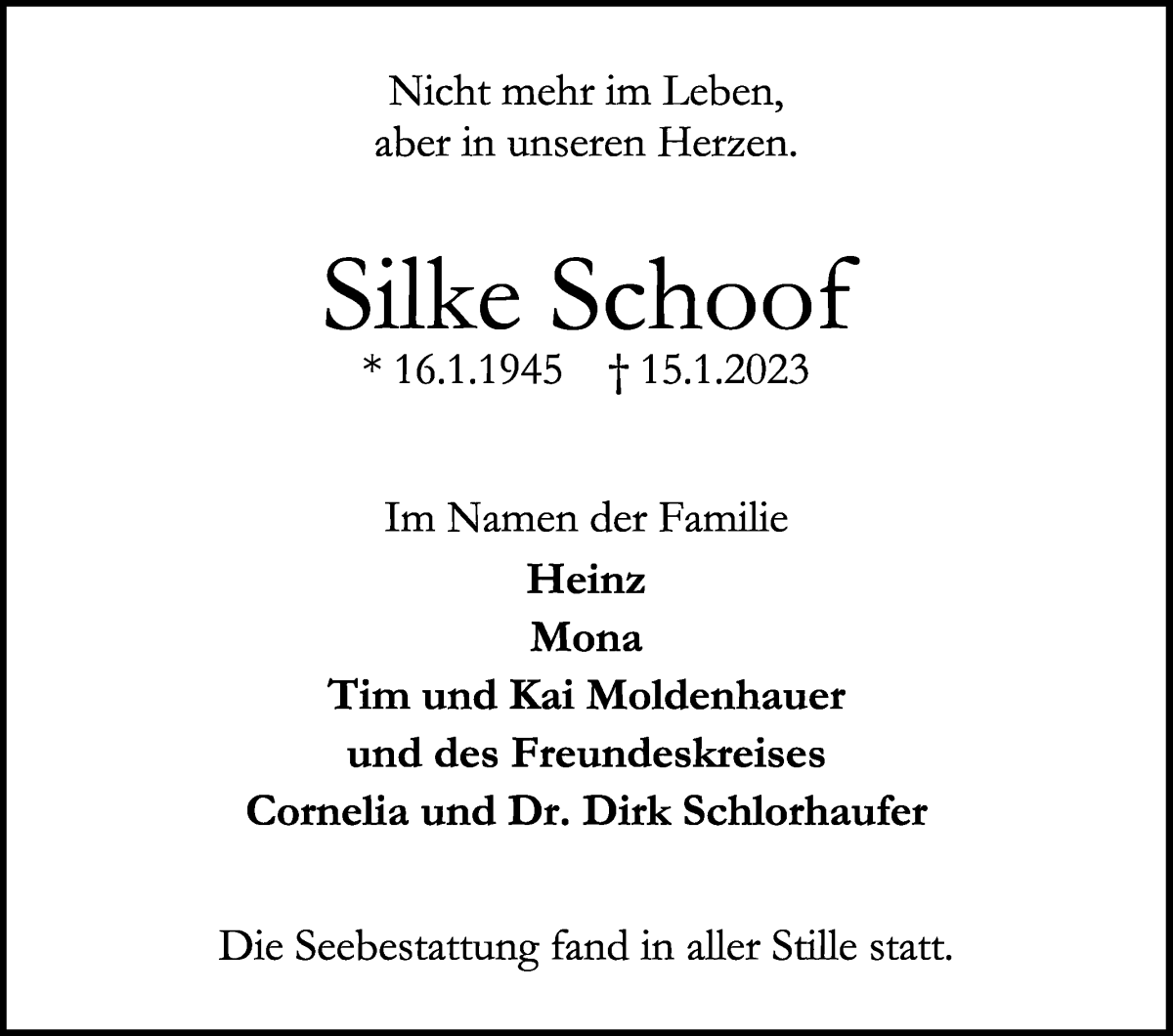 Traueranzeige von Silke Schoof von WESER-KURIER