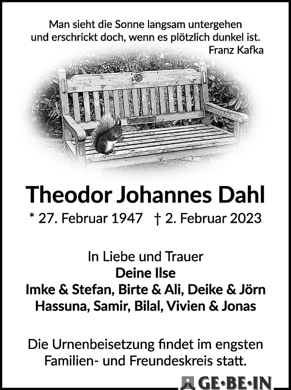 Traueranzeige von Theodor Johannes Dahl von WESER-KURIER