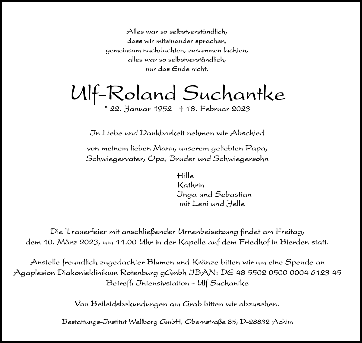 Traueranzeige von Ulf-Roland Suchantke von Achimer Kurier/Verdener Nachrichten