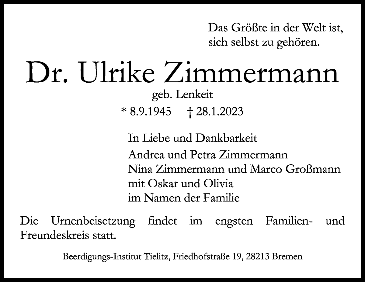 Traueranzeige von Ulrike Zimmermann von WESER-KURIER