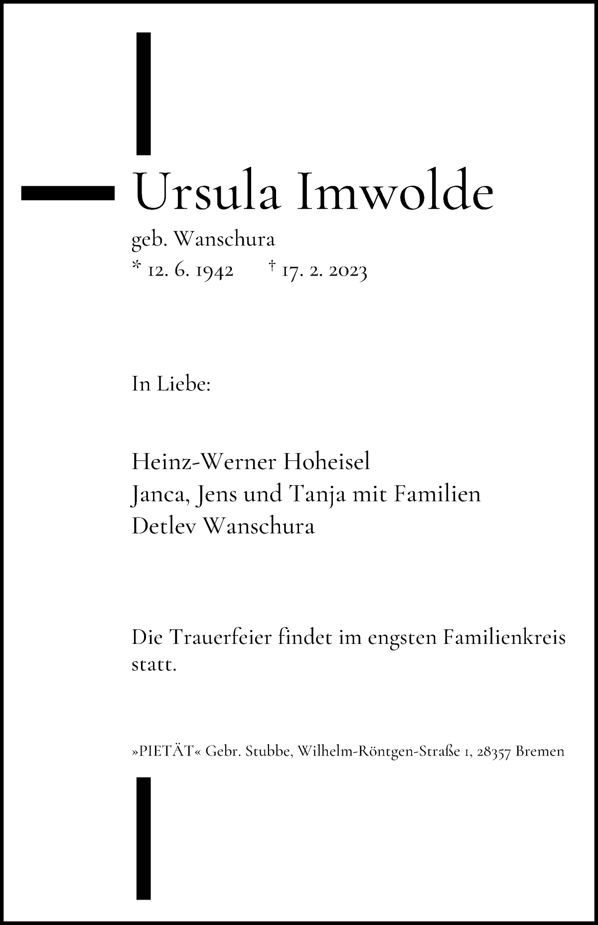 Traueranzeige von Ursula Imwolde von WESER-KURIER