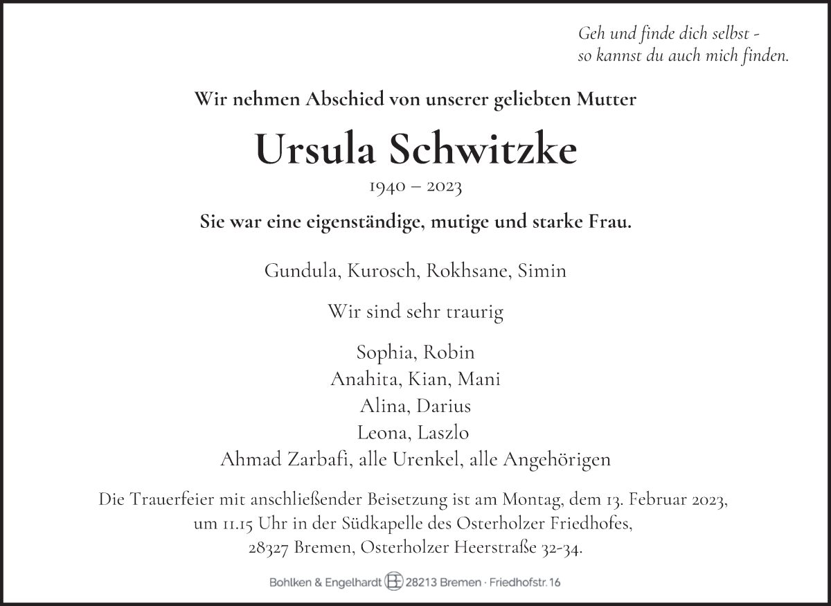 Traueranzeige von Ursula Schwitzke von WESER-KURIER