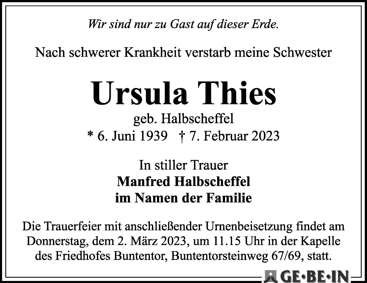 Traueranzeige von Ursula Thies von WESER-KURIER