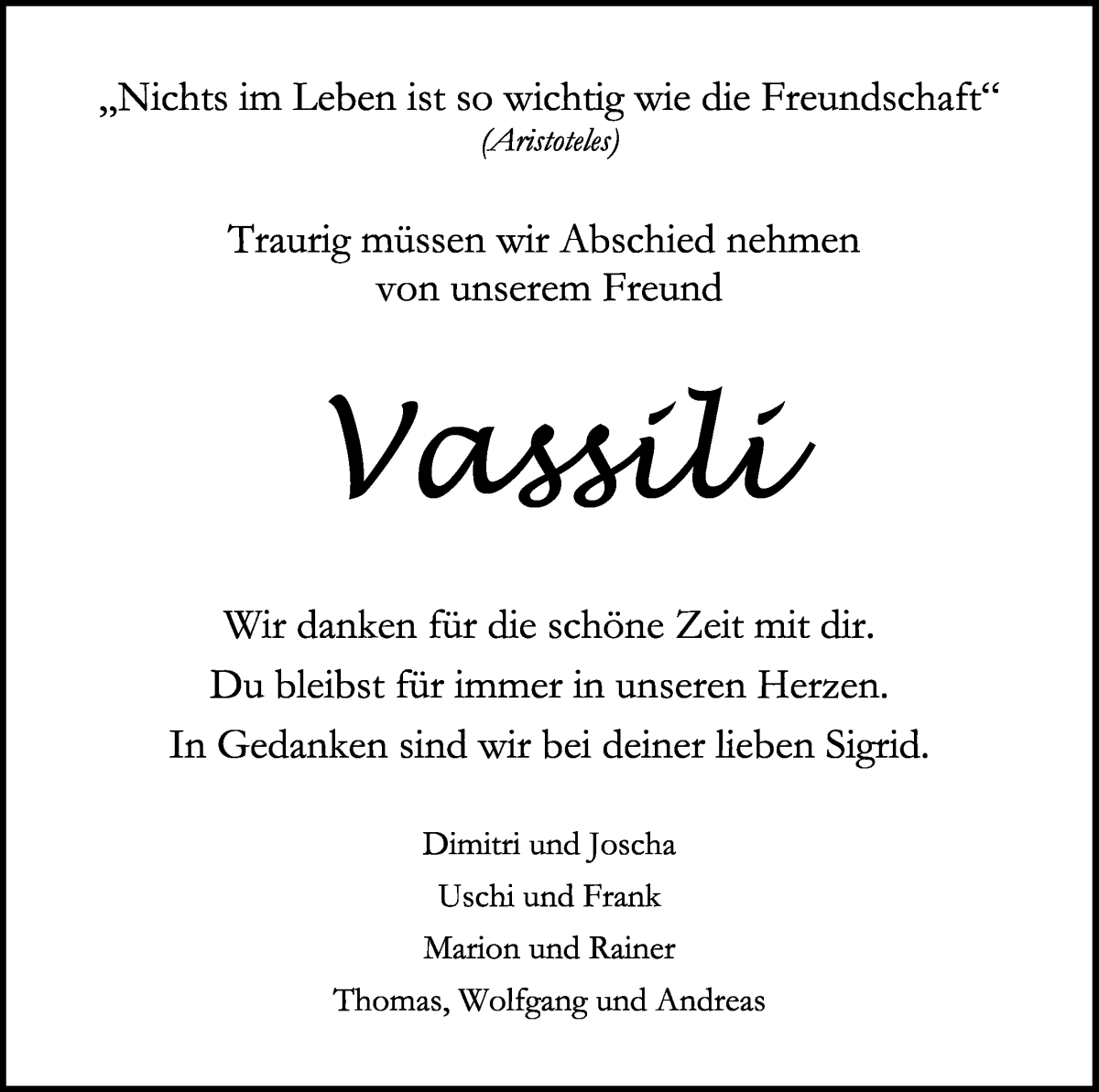 Traueranzeige von Vassili  von WESER-KURIER