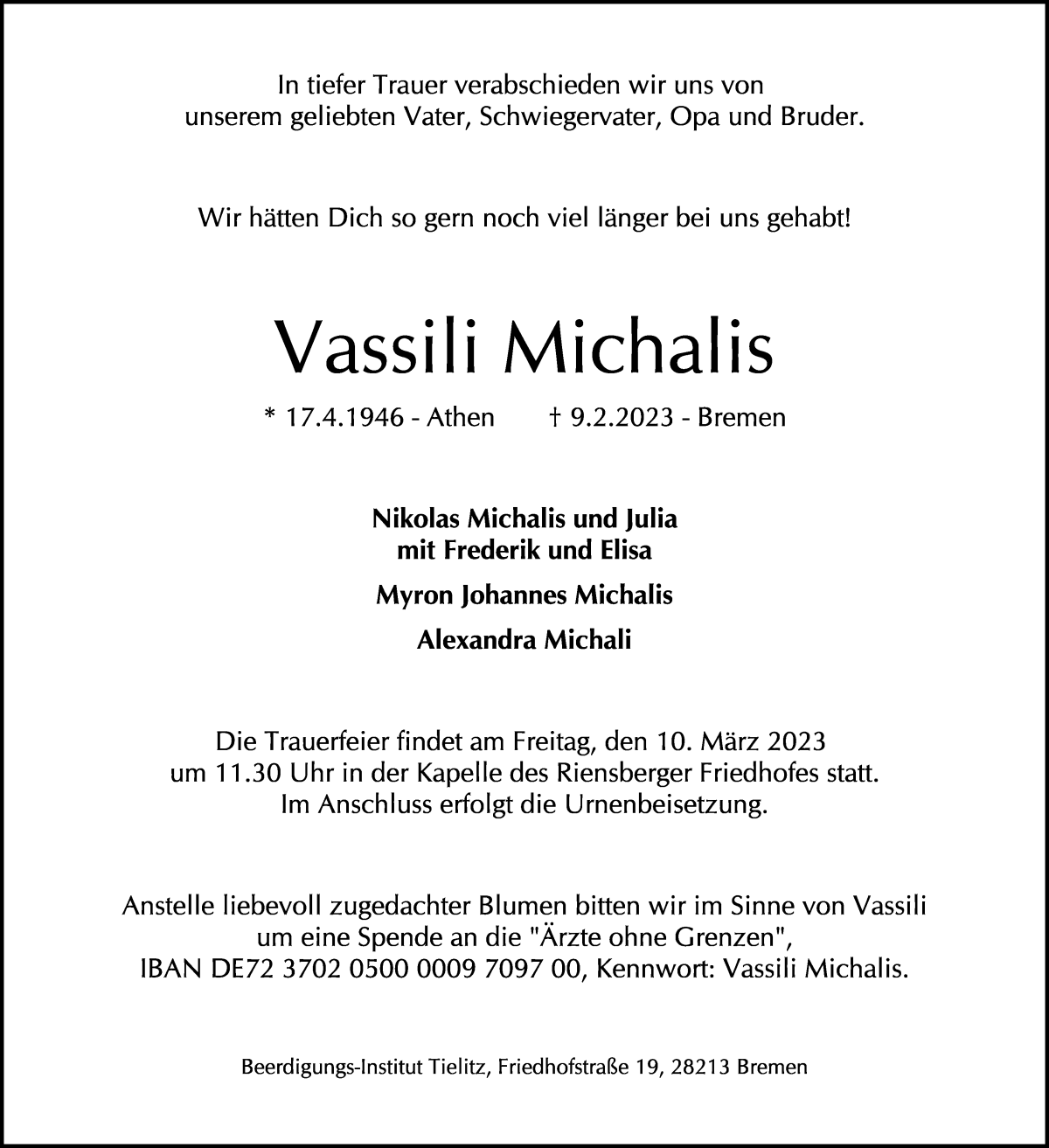 Traueranzeige von Vassili Michalis von WESER-KURIER