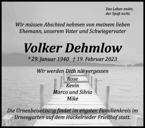 Traueranzeige von Volker Dehmlow von WESER-KURIER