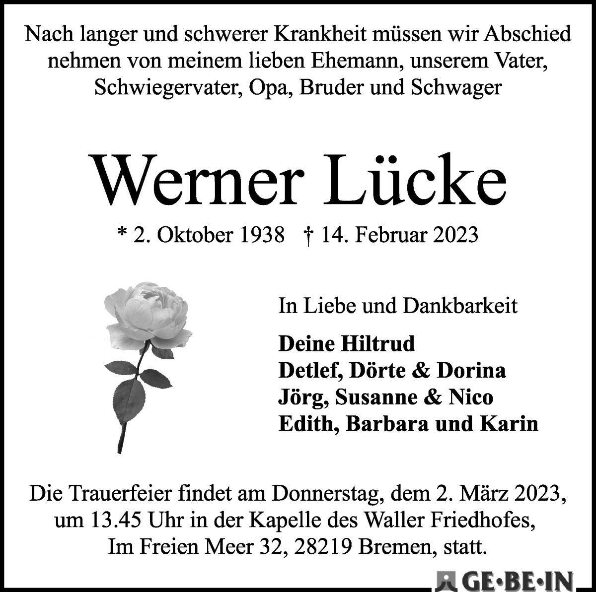 Traueranzeige von Werner Lücke von WESER-KURIER