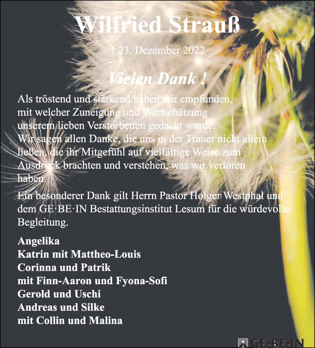 Traueranzeige von Wilfried Strauß von WESER-KURIER