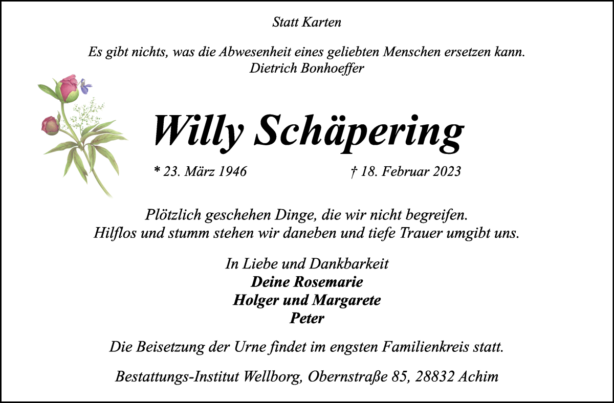 Traueranzeige von Willy Schäpering von WESER-KURIER