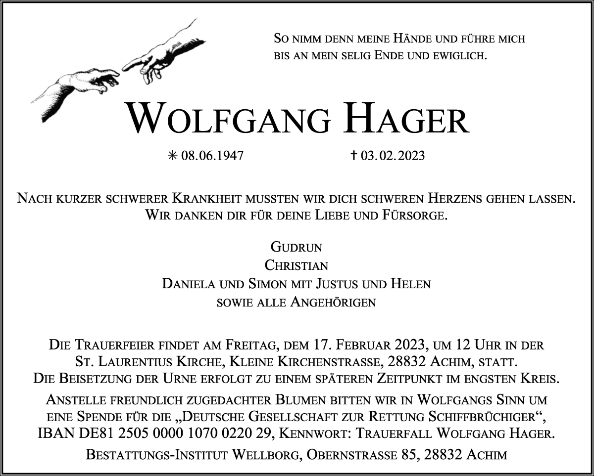 Traueranzeige von Wolfgang Hager von WESER-KURIER