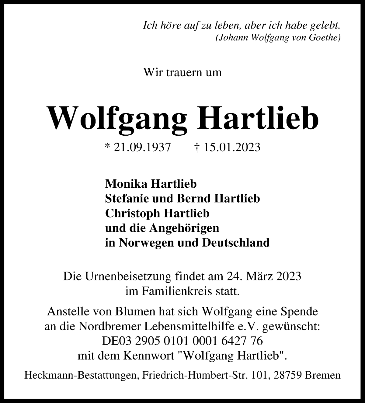 Traueranzeige von Wolfgang Hartlieb von WESER-KURIER