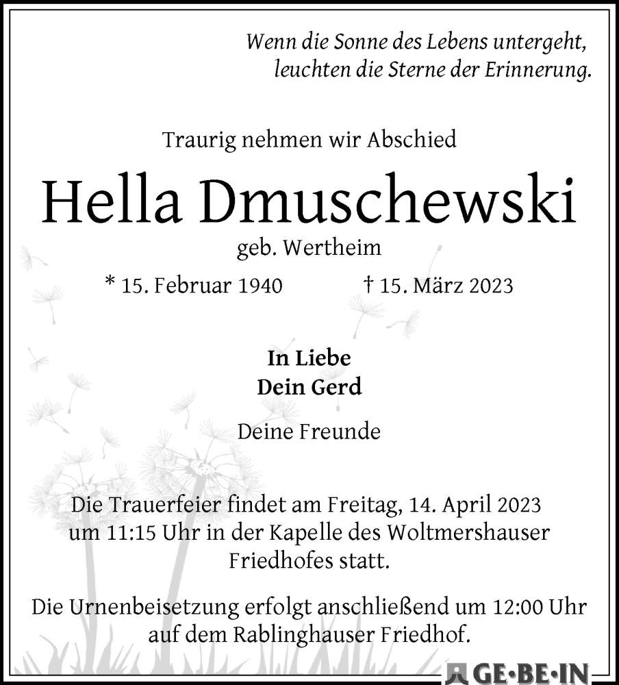 Traueranzeige von Hella Dmuschewski von WESER-KURIER