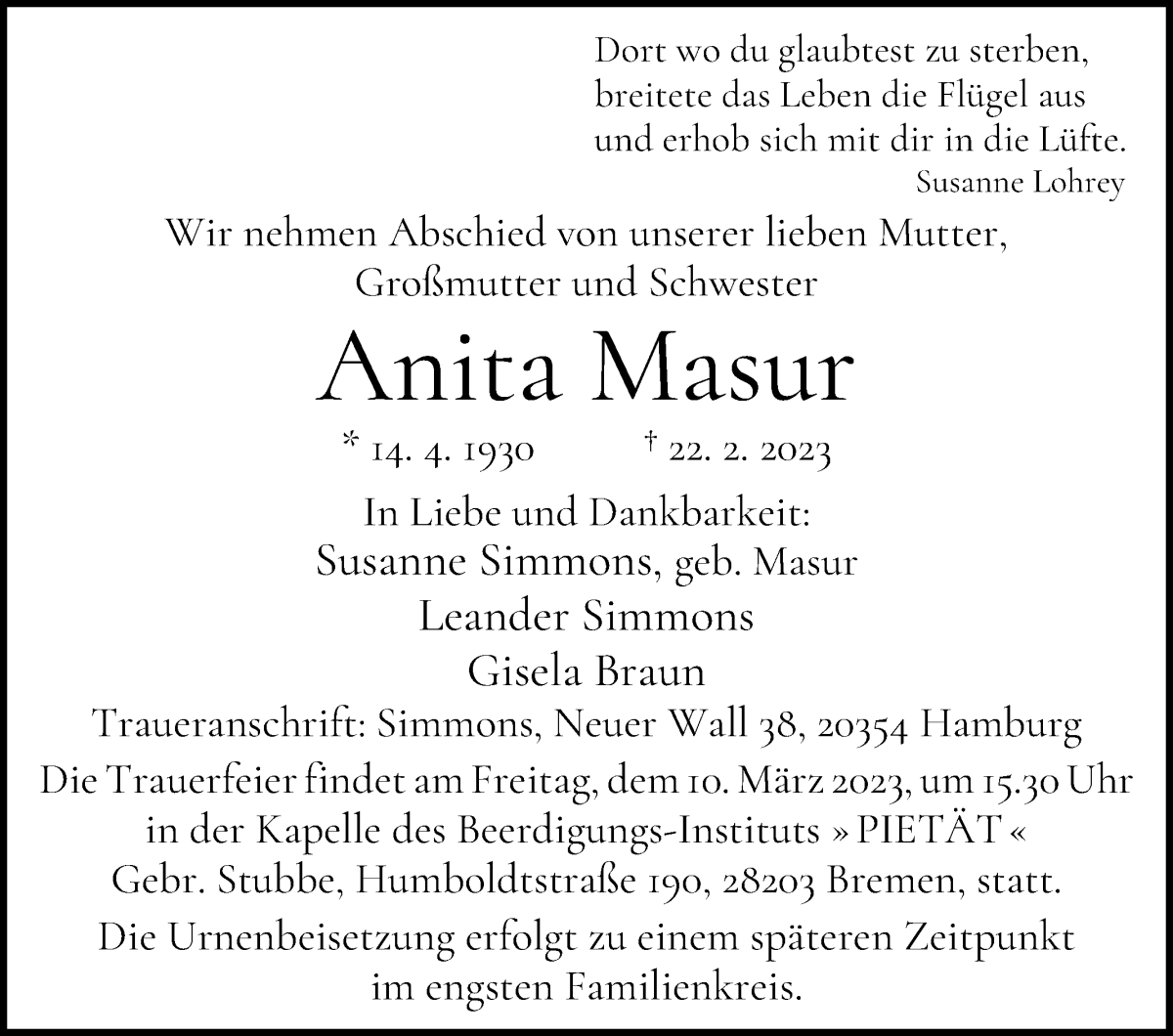 Traueranzeige von Anita Masur von WESER-KURIER