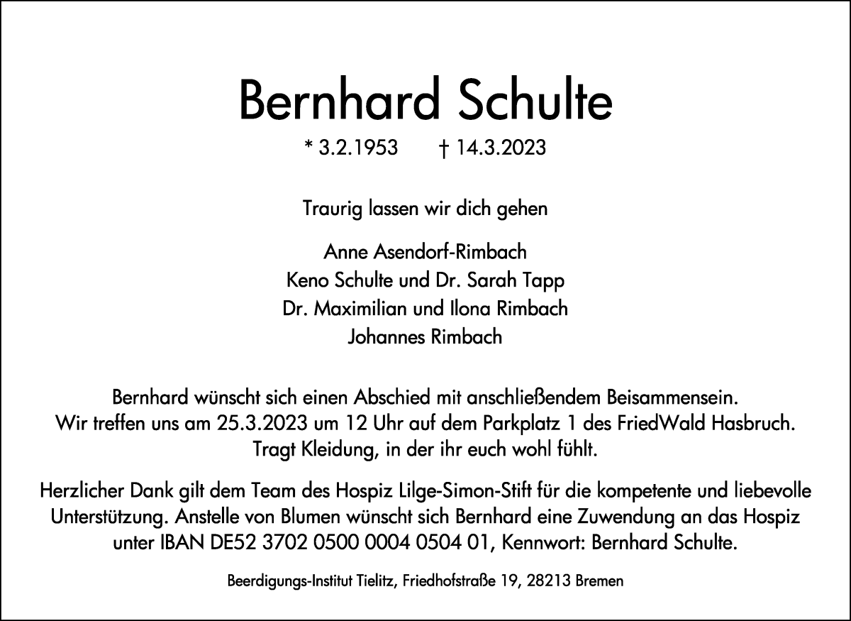 Traueranzeige von Bernhard Schulte von WESER-KURIER
