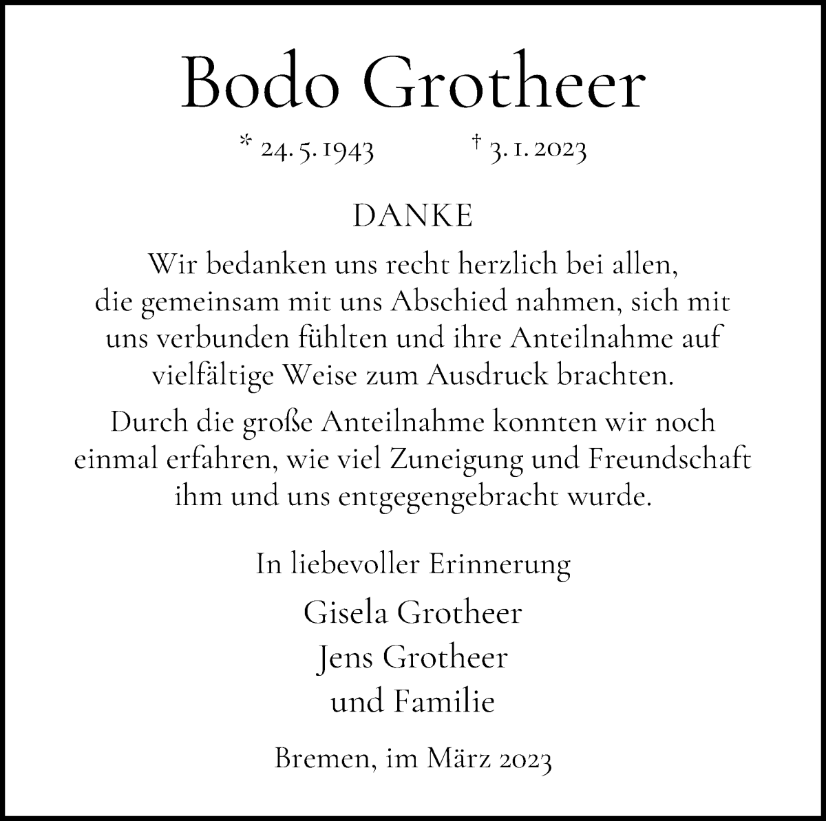 Traueranzeige von Bodo Grotheer von WESER-KURIER