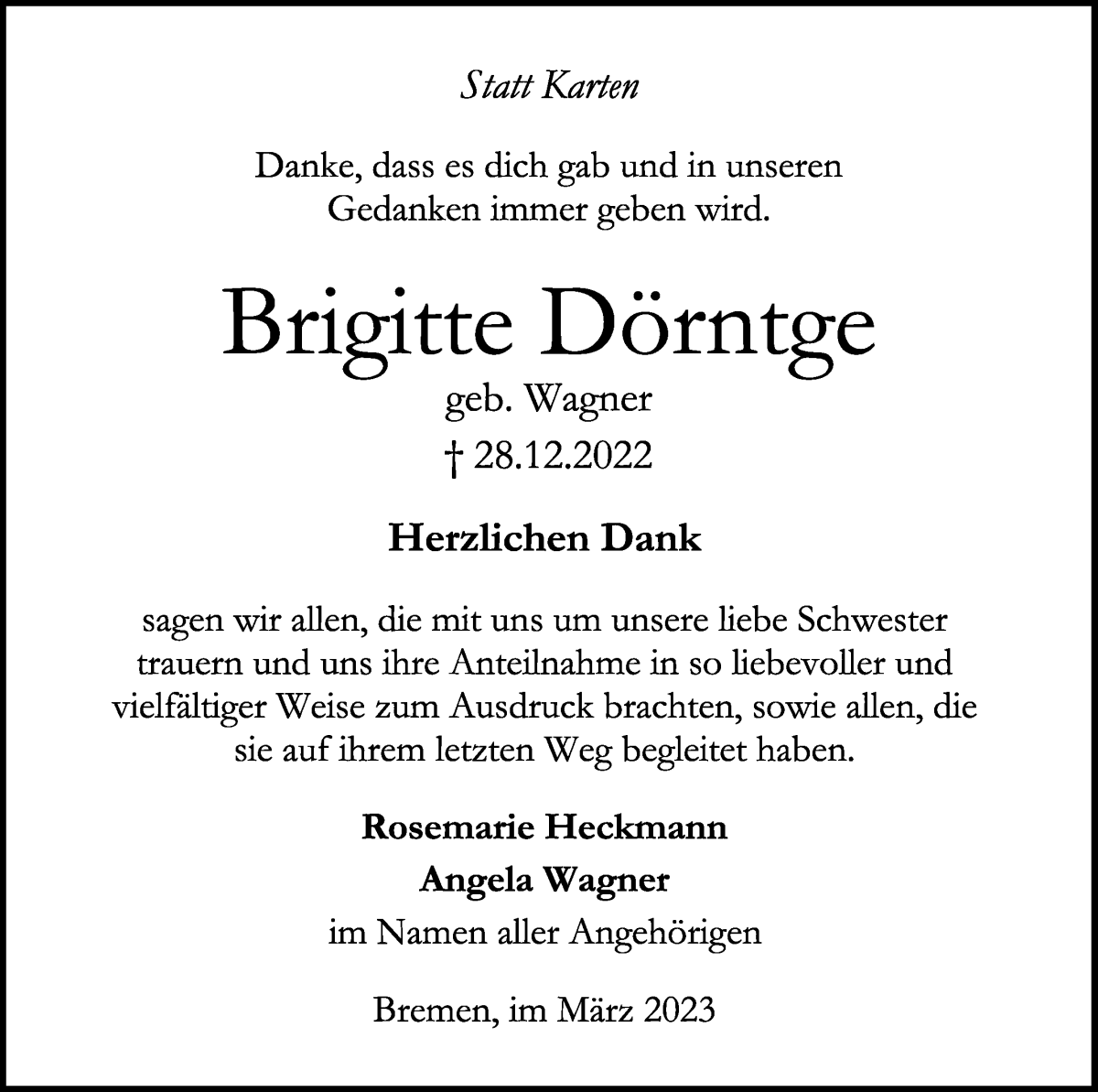 Traueranzeige von Brigitte Dörntge von WESER-KURIER