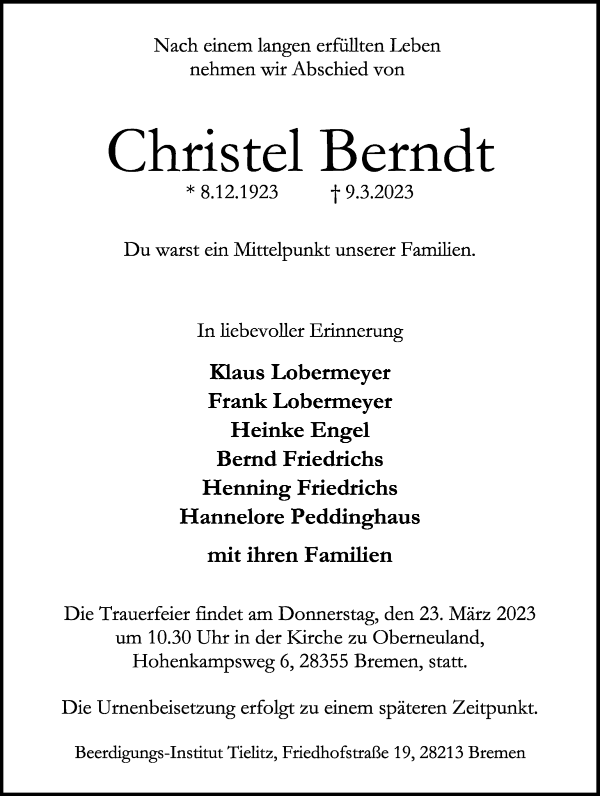 Traueranzeige von Christel Berndt von WESER-KURIER