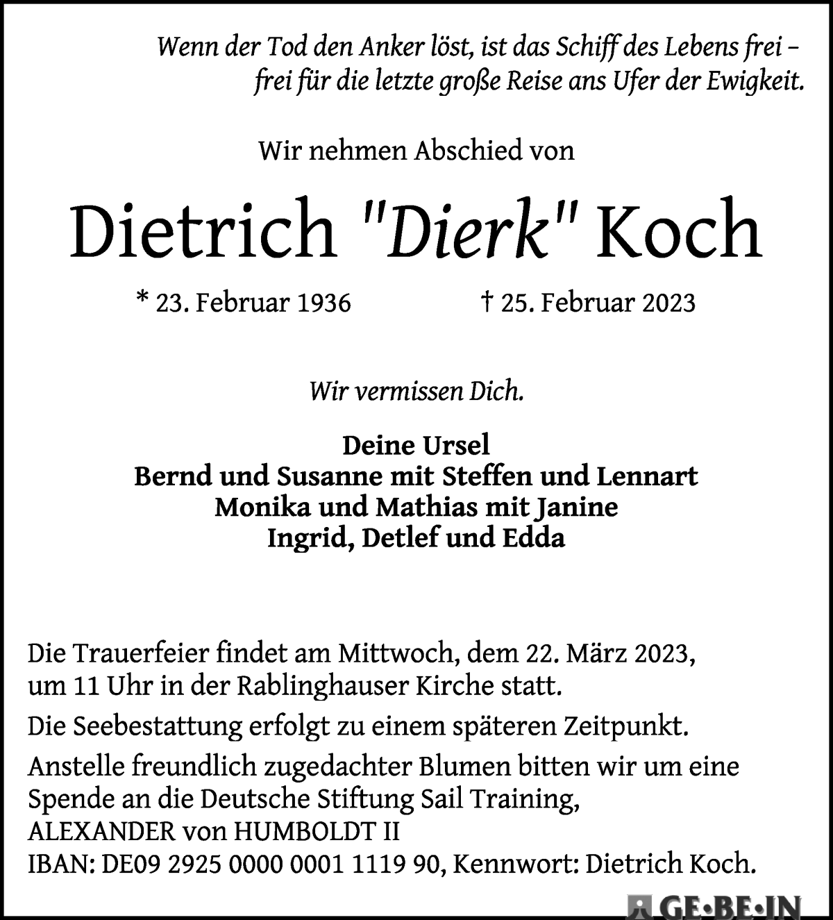 Traueranzeige von Dietrich Koch von WESER-KURIER