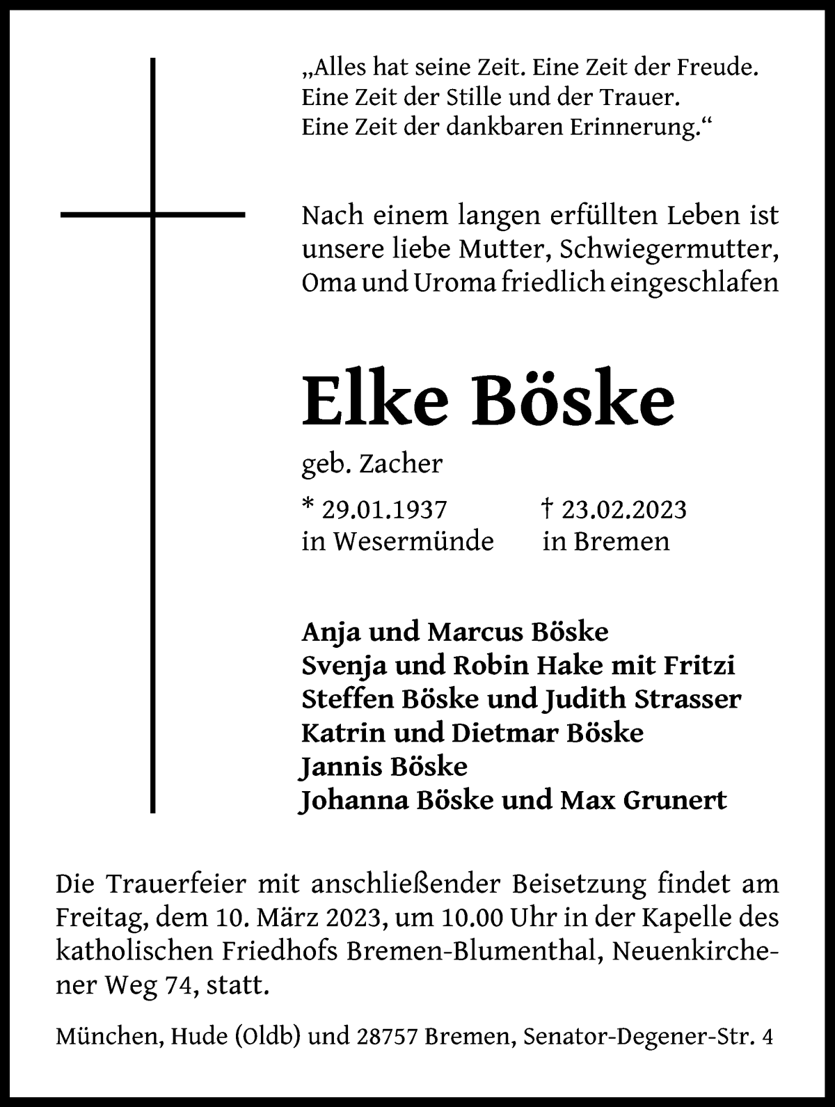Traueranzeige von Elke Böske von Die Norddeutsche